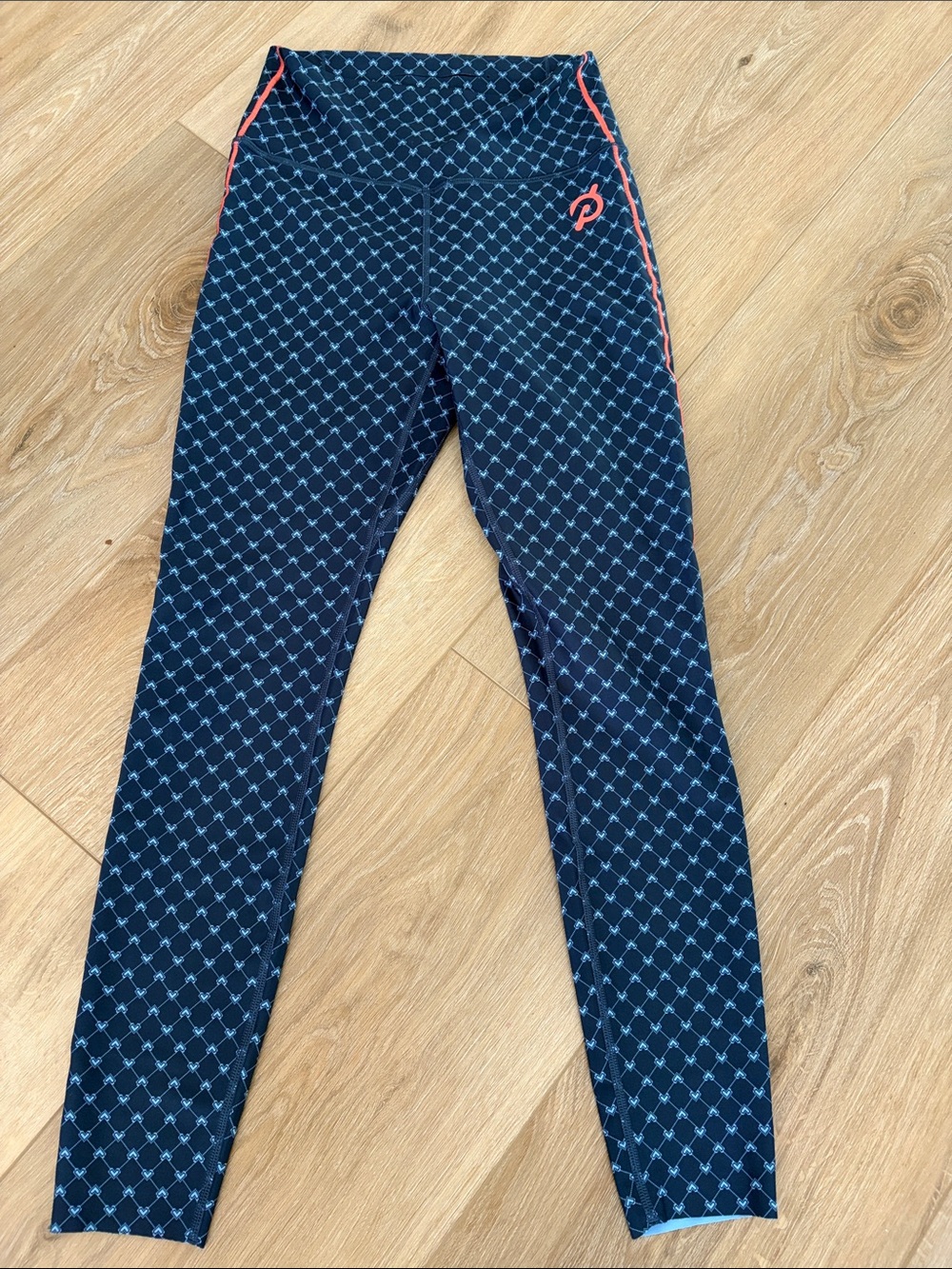 Peloton Navy Leggings with Coral Trim and Light-Blue Diamond Print